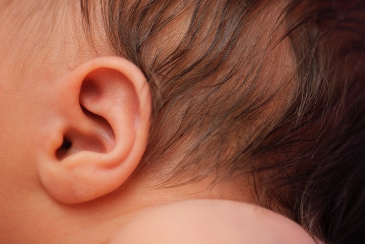 The ear of a newborn baby only a few weeks old.