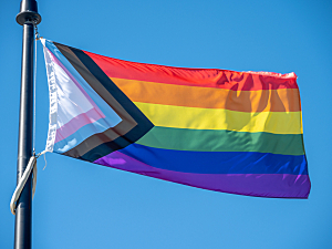 Progress pride flag on flagpole flying in sky