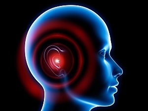 Rendering of blue head with red radiating from ear, tinnitus concept
