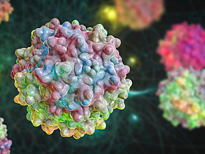 3D illustration of adeno-associated viruses, used in gene cell therapy