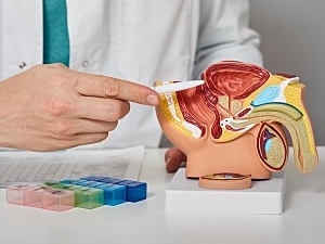Urologist pointing to anatomical model of male reproductive system