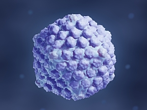 3D illustration of herpes simplex virus (HSV) on plain blue background