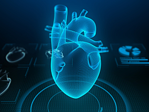 Blue 3D illustration of holographic human heart in virtual reality