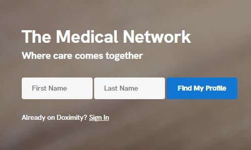 Find My Profile section on Doximity where physicians can enter their first and last name to search for their Doximity profile.