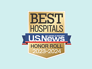 Gold and blue U.S. News and World Report Best Hospitals Honor Roll 2023-24 badge on blue background